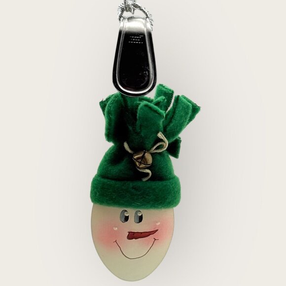Handmade Spoon Snowman Christmas Ornament Green Felt Hat Bell - Picture 3 of 5
